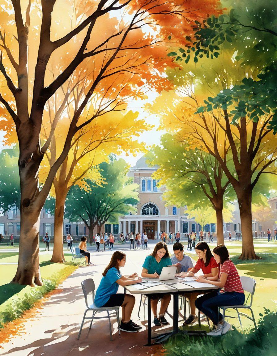 A serene academic landscape featuring students studying under colorful trees, symbolizing affection and support. In the foreground, a diverse group of students engage in collaborative learning, exchanging ideas with enthusiasm. The backdrop showcases a vibrant school with inspiring architecture, embodying a sense of community. Gentle sunlight filters through the leaves, creating a warm and inviting atmosphere. watercolor painting. bright colors. dynamic composition.