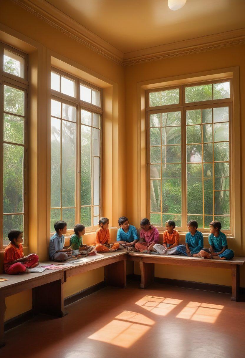 A serene classroom scene in West Bengal, featuring diverse students engaged in learning, showcasing bonds of love and attachment. Warm sunlight pouring through windows, illuminating vibrant artwork on the walls that represents love and connection. Include elements like books, art supplies, and soft smiles to emphasize positivity and achievement. A gentle touch of nature visible through the windows adds tranquility. super-realistic. vibrant colors. warm tones.