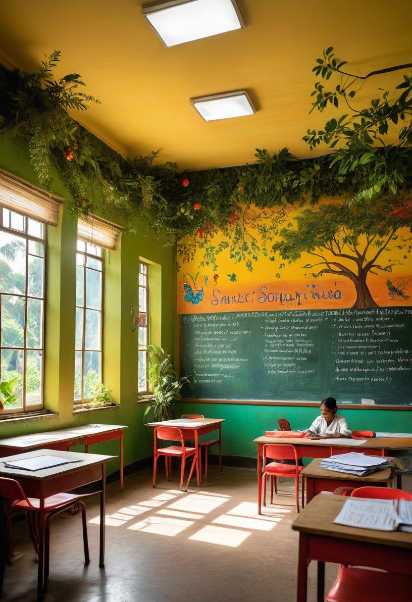 A vibrant classroom scene in West Bengal, showcasing joyful students engaged in learning activities, with diverse relationships between teachers and students highlighted. Incorporate elements like colorful posters about education on walls, a chalkboard filled with inspiring quotes, and a window showing the lush West Bengal landscape outside. The atmosphere should radiate positivity and collaboration, symbolizing the connection between passion, relationships, and educational success. super-realistic. vibrant colors.